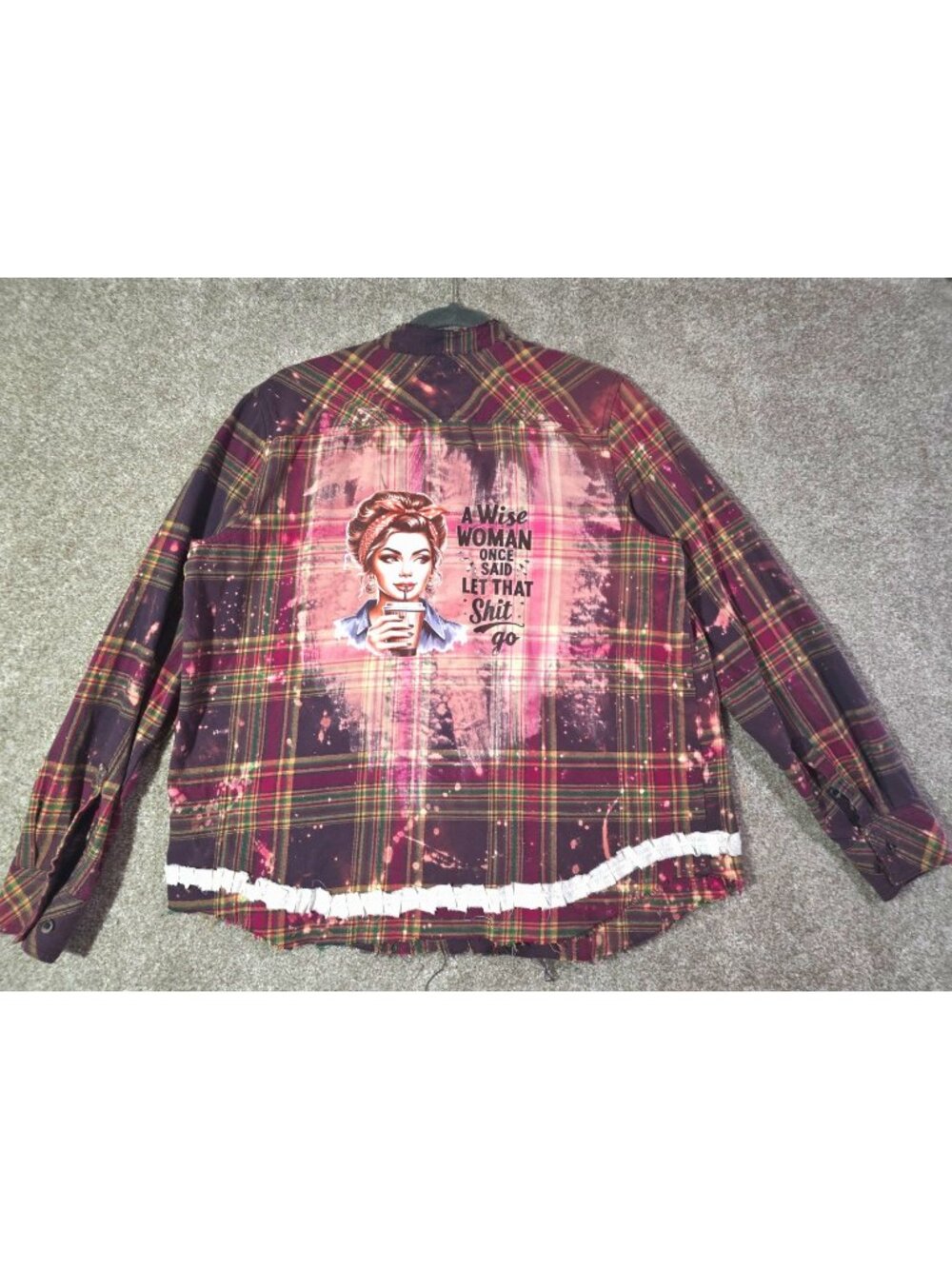 OOAK Upcycled Flannel Shacket Shirt Sarcastic Wise Woman Graphic Distressed Sz L